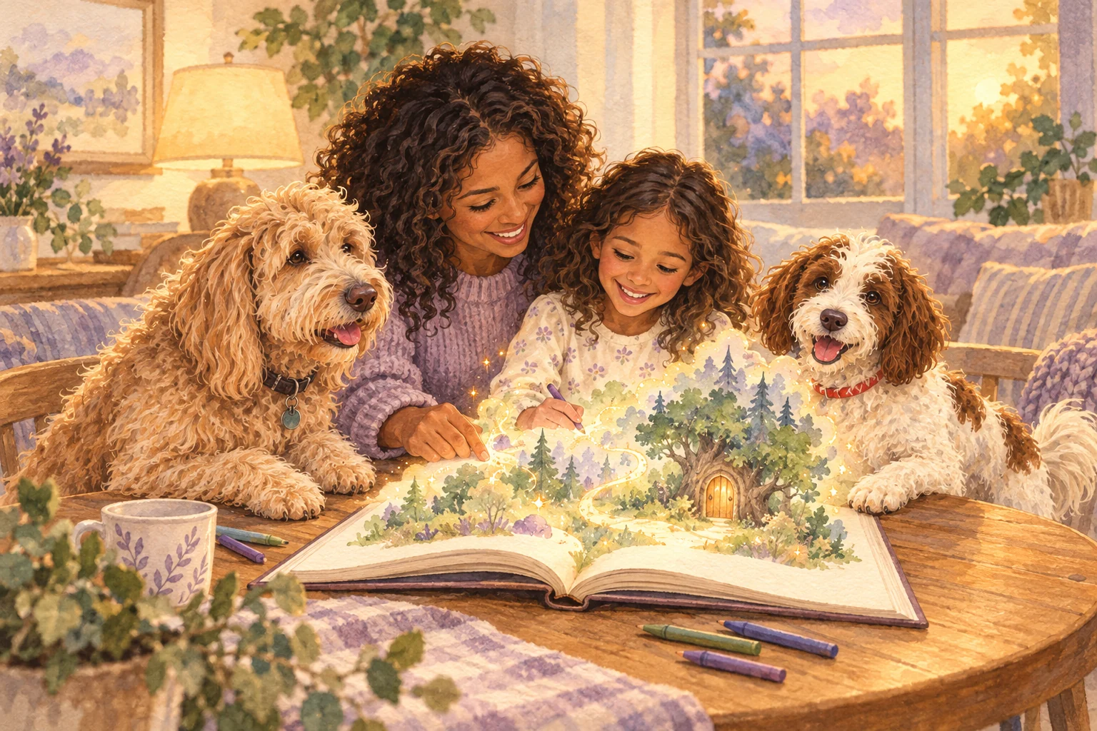 A grown-up and child imagine a glowing forest from an open storybook, with Buddy and Ms. Lady beside them.