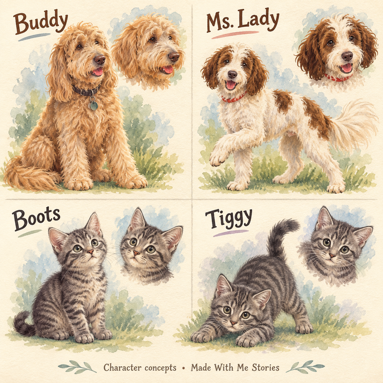 Painted storybook portraits of Buddy, a shaggy golden dog; Ms. Lady, a white-and-brown puppy; and Boots and Tiggy, two grey striped kittens